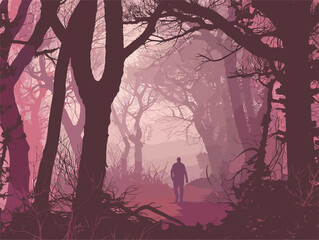 A man strolls through the misty forest, surrounded by towering trees and eerie atmosphere. Twigs crunch beneath his feet as he navigates the dense woodland
