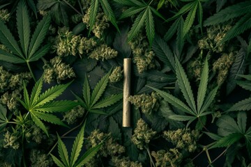 A rolled cannabis joint lies among a lush spread of cannabis leaves and buds on a dark background