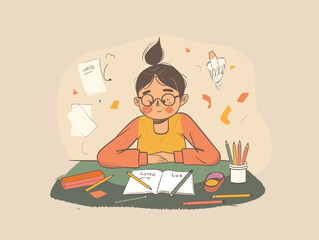 A girl is sitting at a table with a notebook and pencils, her sleeves rolled up as she makes a gesture of concentration while happily drawing a fictional character in her art project