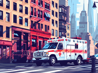 A land vehicle with flashing lights and a siren, known as an ambulance, is traveling down the street in the city