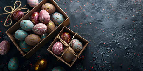 Basket overflowing with vibrant Easter eggs, Easter eggs and cotton flowers on grey stone, 

