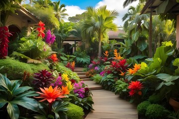 A lush, tropical paradise filled with vibrant plants and flowers of all shapes and sizes, each one more unique and colorful than the last.