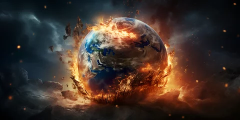 Fotobehang A picture of a planet with fire and the earth in the middle,Earth with a world in the background  © muhammadjunaidkharal