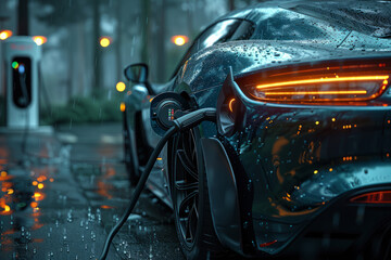 Electric car charging on the street in the rain at night