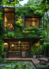 Modern house with wooden deck and vertical garden. Exterior of house with living walls and plants.