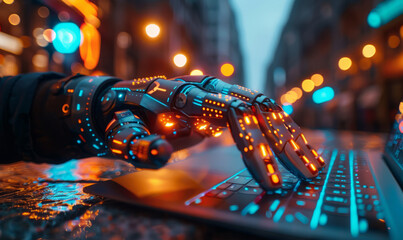 Cyborg hand presses keyboard on laptop on night street with neon lights. The concept of the future is here - obrazy, fototapety, plakaty