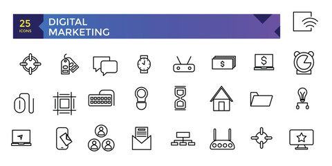Digital Marketing web icons in line style. Social, networks, feedback, communication, marketing, ecommerce.