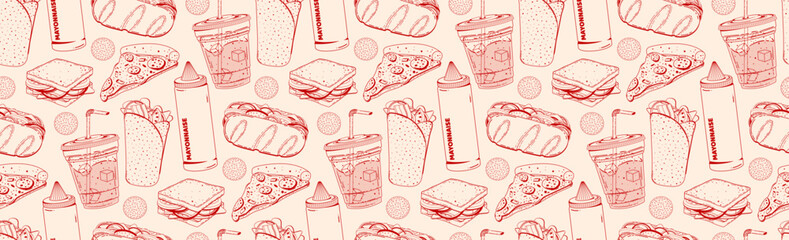 Fast food seamless pattern in retro linear style. Vector doodle illustration drawn by hands in sketch style. Background for restaurant menu, cafe, advertisement.