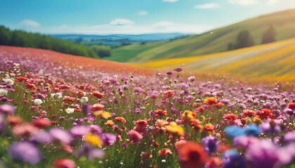 Obraz premium a field of bright multi-coloured wildflowers on a sunny summer's day 