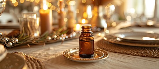 A bottle of sandalwood essential oil is placed on a luxurious table, creating a sophisticated and aromatic atmosphere. - obrazy, fototapety, plakaty