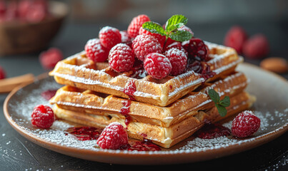 Belgian waffles with raspberries and powdered sugar on plate - obrazy, fototapety, plakaty