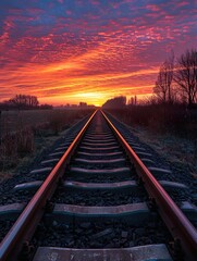 Fototapeta premium A tranquil evening scene with a warm golden glow over the railroad tracks