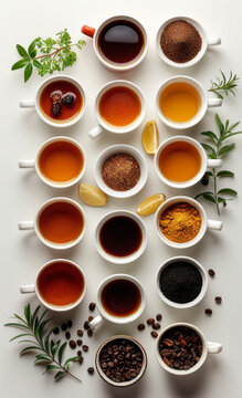 Large variety of tea in cups and saucers with lemon cinnamon cardamom cloves bay leaves vanilla anise nutmeg allspice pepper and green leaves on white background