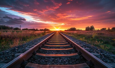 A tranquil evening scene with a warm golden glow over the railroad tracks - Powered by Adobe