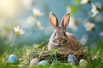 Fototapeta na wymiar Bunny sitting outdoor on green grass in nest with colorful Easter eggs on blue sky background