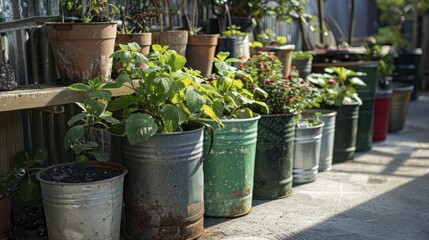 Spring gardening with recycled containers, merging seasonal activities with evergreen recycling practices.