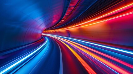 Vibrant long exposure shot of blue and red light trails swirling through a curved tunnel, creating an abstract scene.