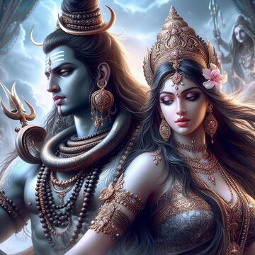 Realistic Close-Up of Lord Shiva and Goddess Parvati in a Magical Realm