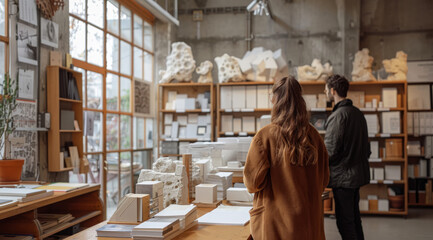 Young couple is standing in furniture store and looking at the shelves with white furniture.