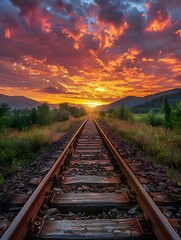 A tranquil evening scene with a warm golden glow over the railroad tracks