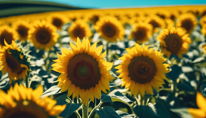 Fototapeta premium Sunflowers bask in the sunlight of a sunny day, their vibrant yellow petals reaching towards the sky in a vast field in the summer