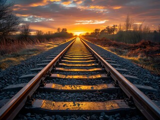 Fototapeta premium A tranquil evening scene with a warm golden glow over the railroad tracks