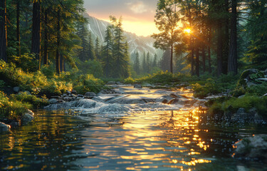 Mountain river in the background of the forest - obrazy, fototapety, plakaty