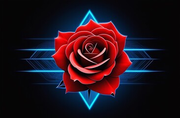 A hybrid tea rose, with its vibrant red petals, stands out against the black background illuminated by neon lights, creating a captivating art display. Logo concept.