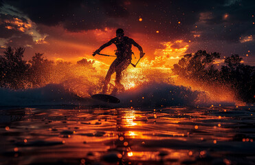 Man wakeboarding on lake at sunset - obrazy, fototapety, plakaty