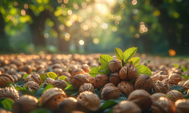 Walnuts and leaves on the ground in the morning light