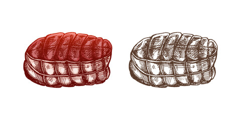 Hand-drawn colored and monochrome sketch of pork, tied with ropes, a traditional dish, iece of meat. Doodle vintage illustration. Decorations for the menu and labels. Engraved image.