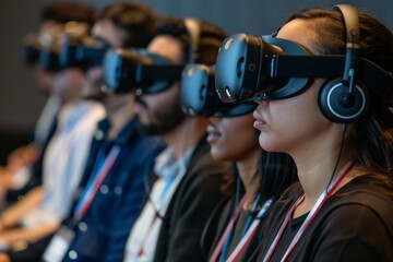A row of professionals at a conference don immersive VR headsets, entering a virtual meeting space designed for collaborative innovation. - obrazy, fototapety, plakaty