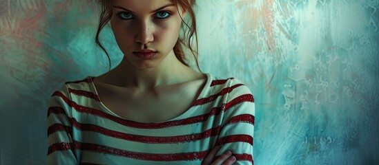 A painting depicting a woman with a cunning expression wearing a striped shirt, suggesting she is plotting a crime with malicious intent.
