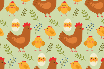 Seamless colorful pattern with a cute chicken, chicks and plants. Vector cartoon backdrop in flat style