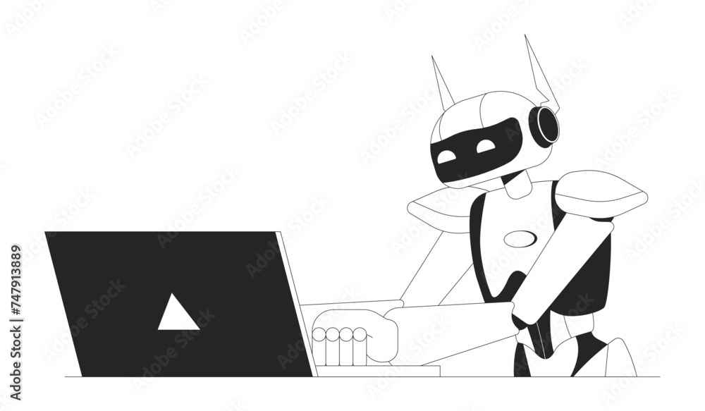 Poster artificial intelligence at laptop black and white 2d line cartoon character. robot at computer isola