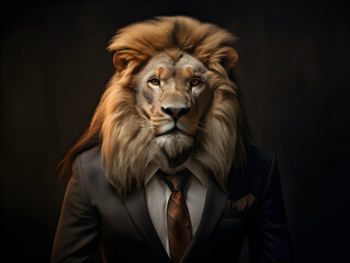 Portrait of lion head man wearing suit, vintage style