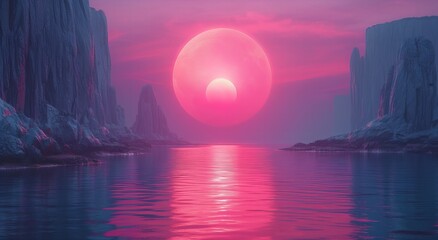 Pink clouds with glowing circle sunset background - obrazy, fototapety, plakaty
