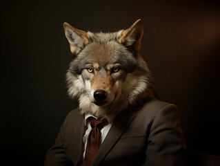 Fototapeta premium Portrait of wolf head man wearing suit in forest, vintage style