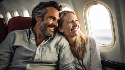 Joyful young couple travelling by plane, holiday vacation concept. AI Generated content