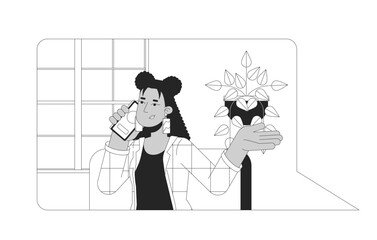 Woman talking on phone black and white 2D line cartoon character. African american businesswoman with smartphone isolated vector outline person. Communication monochromatic flat spot illustration