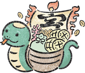 年賀状　年賀2025　宝船　巳年　巳　へび年　墨絵　手書き　かわいい　正月　イラスト素材