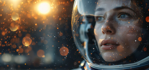 Female astronaut in a space helmet against bokeh background. Space exploration concept. Banner with cipy space for Cosmonautics Day event.  - obrazy, fototapety, plakaty