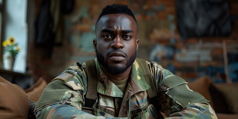 African American soldier feeling stressed at home with room for text. Concept Military Personnel, Stress, Home Life, African American, Copyspace