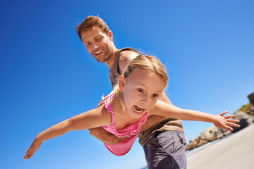 Happy dad, beach and flying with child for fun summer, holiday or outdoor weekend together in...