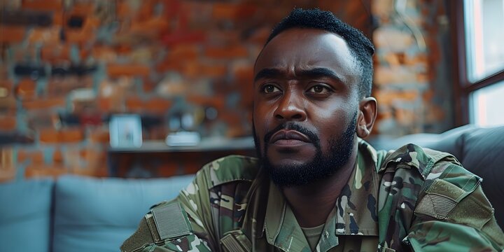 Stressed African American soldier at home looking troubled with space for text. Concept Military, Stress, African American, Home Setting, Copyspace - Powered by Adobe