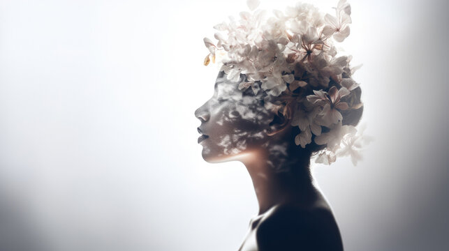 Woman profile with flowers in head, concept of mental health, double exposure