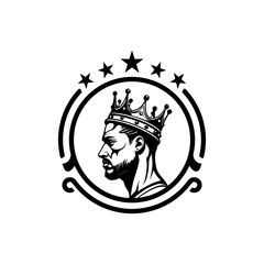 king head with crown character Black and white vector logo template