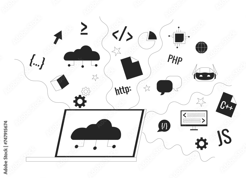 Poster cloud based software development black and white 2d line cartoon object. saas technology in programm