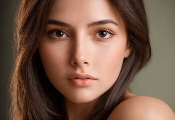 Naklejka premium Beautiful young woman with clean fresh skin. Face of a girl with natural make-up.