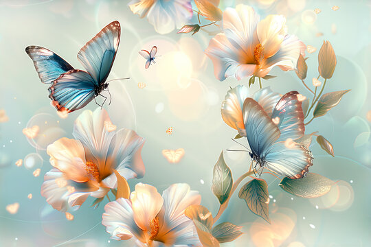 Seamless repeat and fully tile-able background pattern of butterflies flowers and blossom